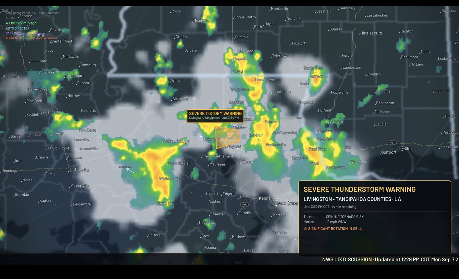 Aura Radar live broadcast view of a severe thunderstorm over Livingston and Tangipahoa parishes, Louisiana, with storm card and AFD ticker on screen