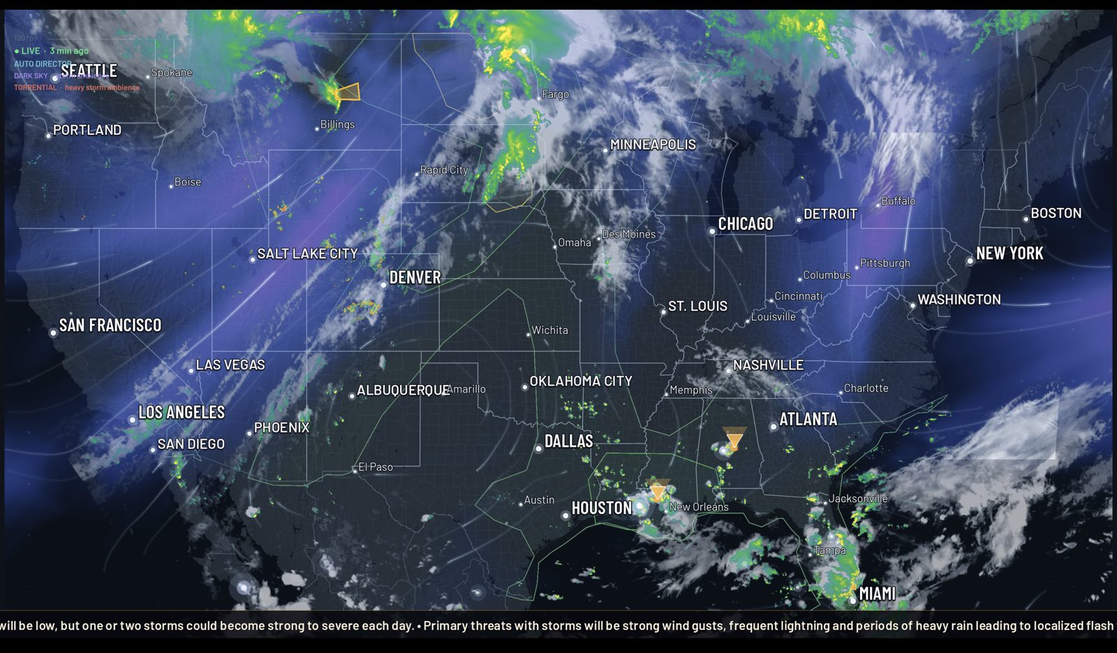 Aura Radar national CONUS view with violet jet-stream airstream wash over the Rockies and satellite cloud detail