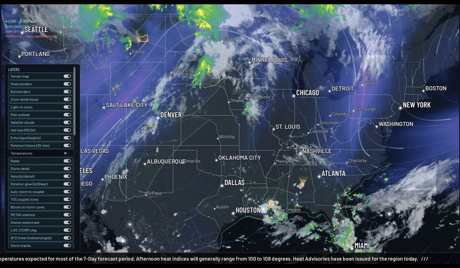 Aura Radar layers panel open on the left showing more than forty toggleable data layers over the national map