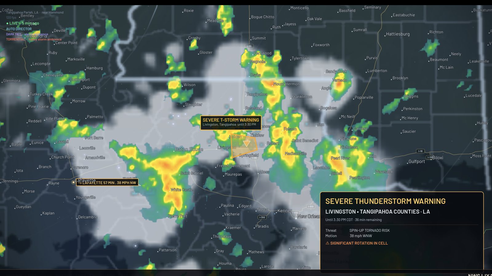 Aura Radar zoomed on a severe thunderstorm core over Louisiana with the auto-director camera holding on the warning polygon
