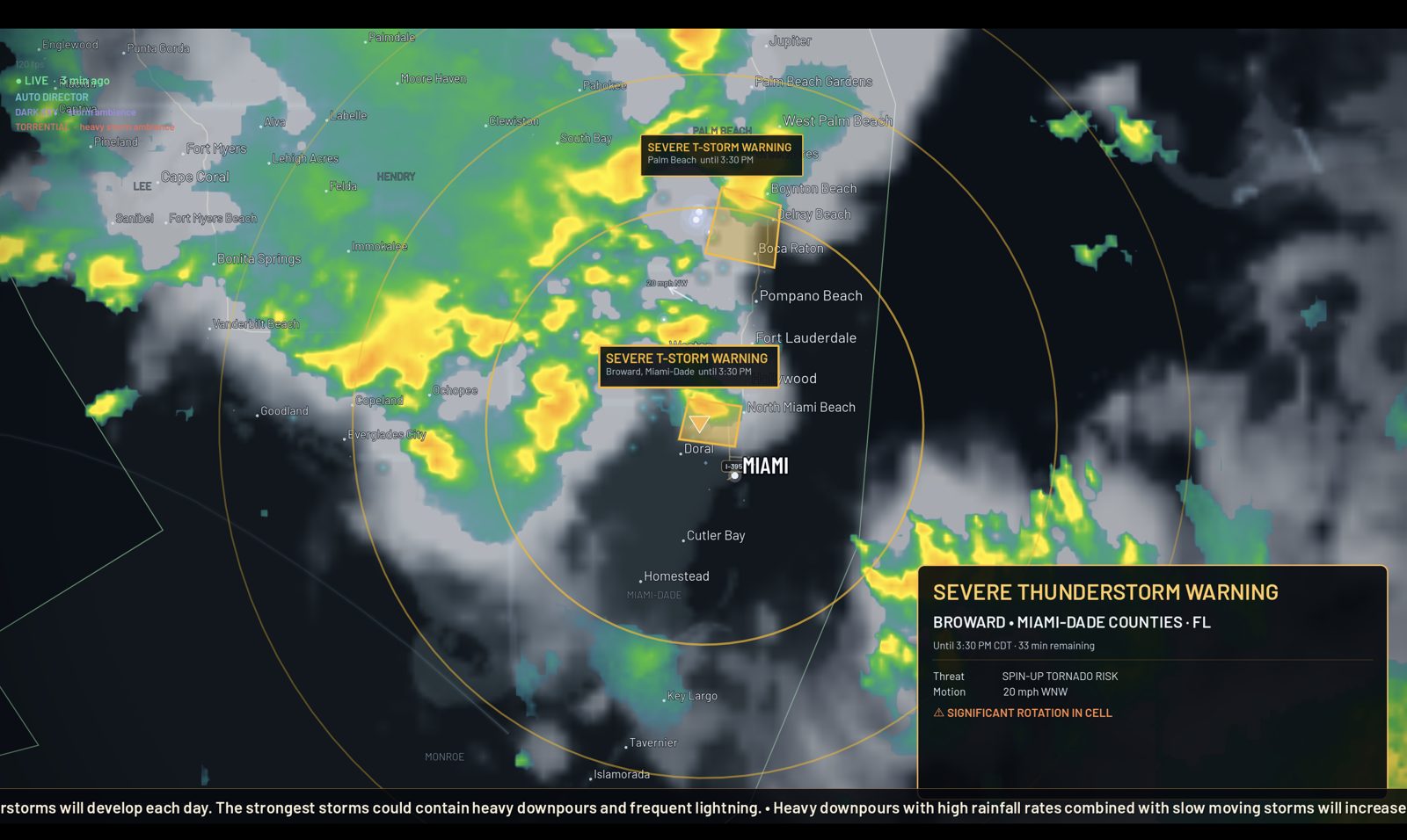 Aura Radar zoomed on Miami-Dade and Broward counties Florida with severe thunderstorm warning card and range rings