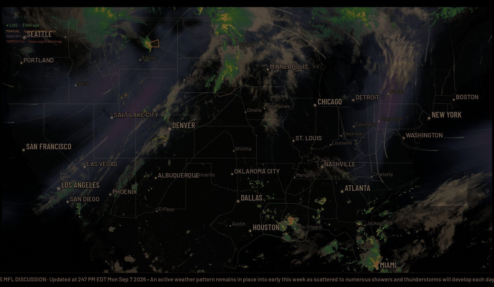 Aura Radar national view in sleep mode, dimmed to dark ember and olive tones