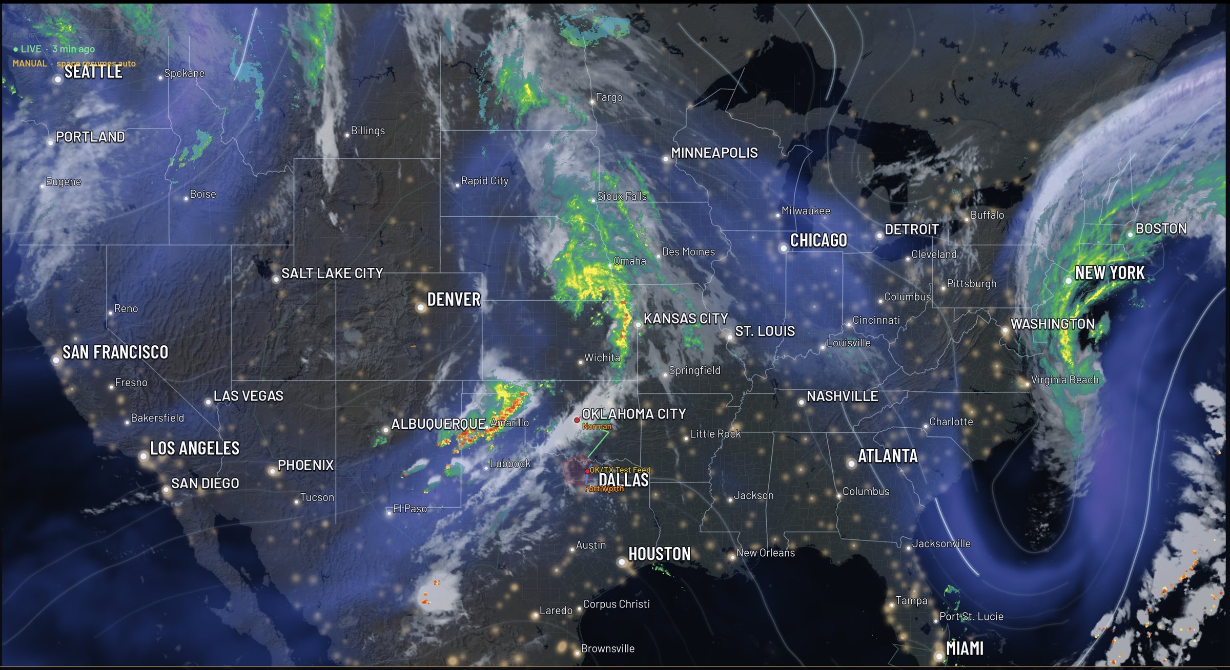 Aura Radar Pro national view: live radar, satellite cloud cover, jet stream and city lights across the continental US