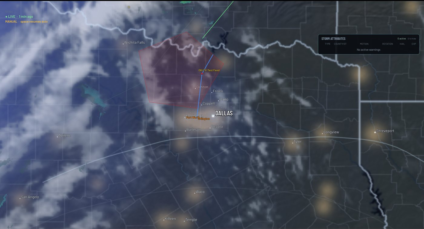 Aura Radar Pro main stream zoomed on North Texas with a warning polygon and storm attributes panel